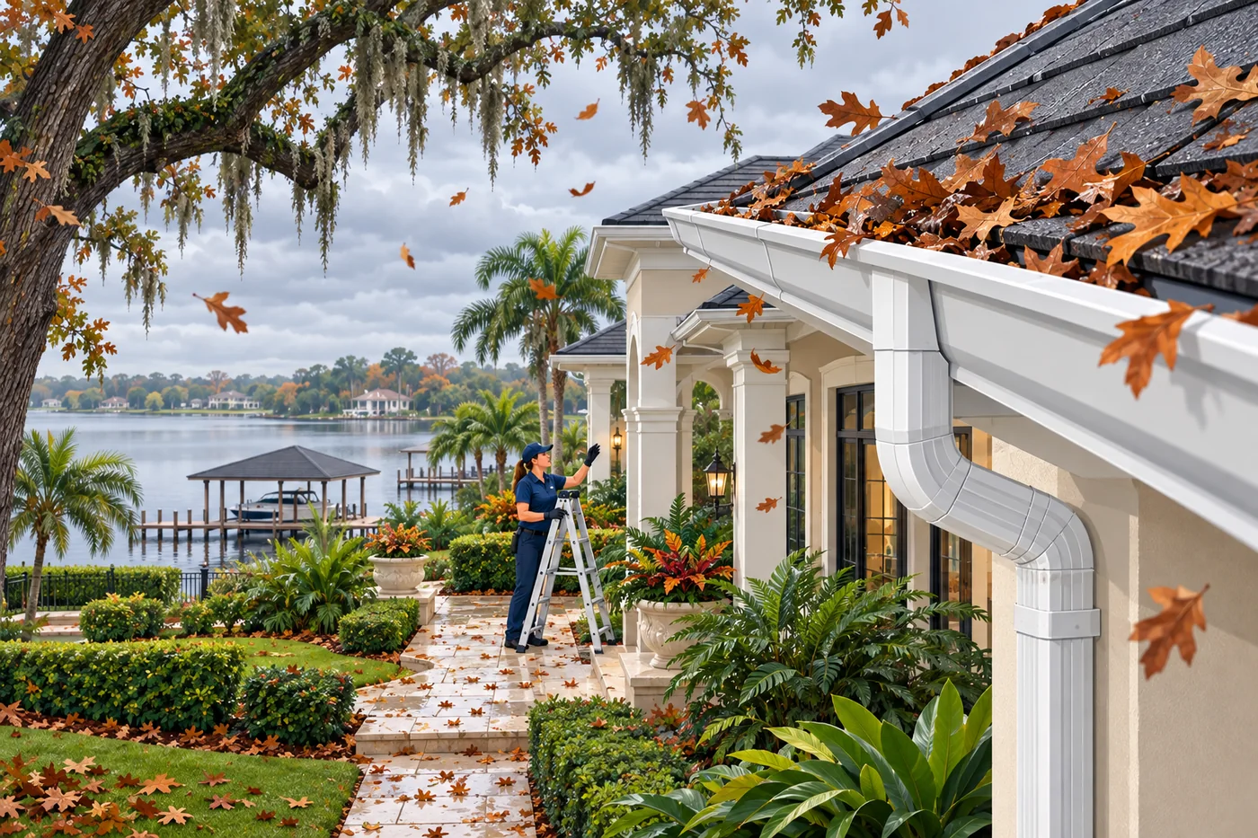 Illustration: gutters and a downspout at a Windermere-area home in Florida weather