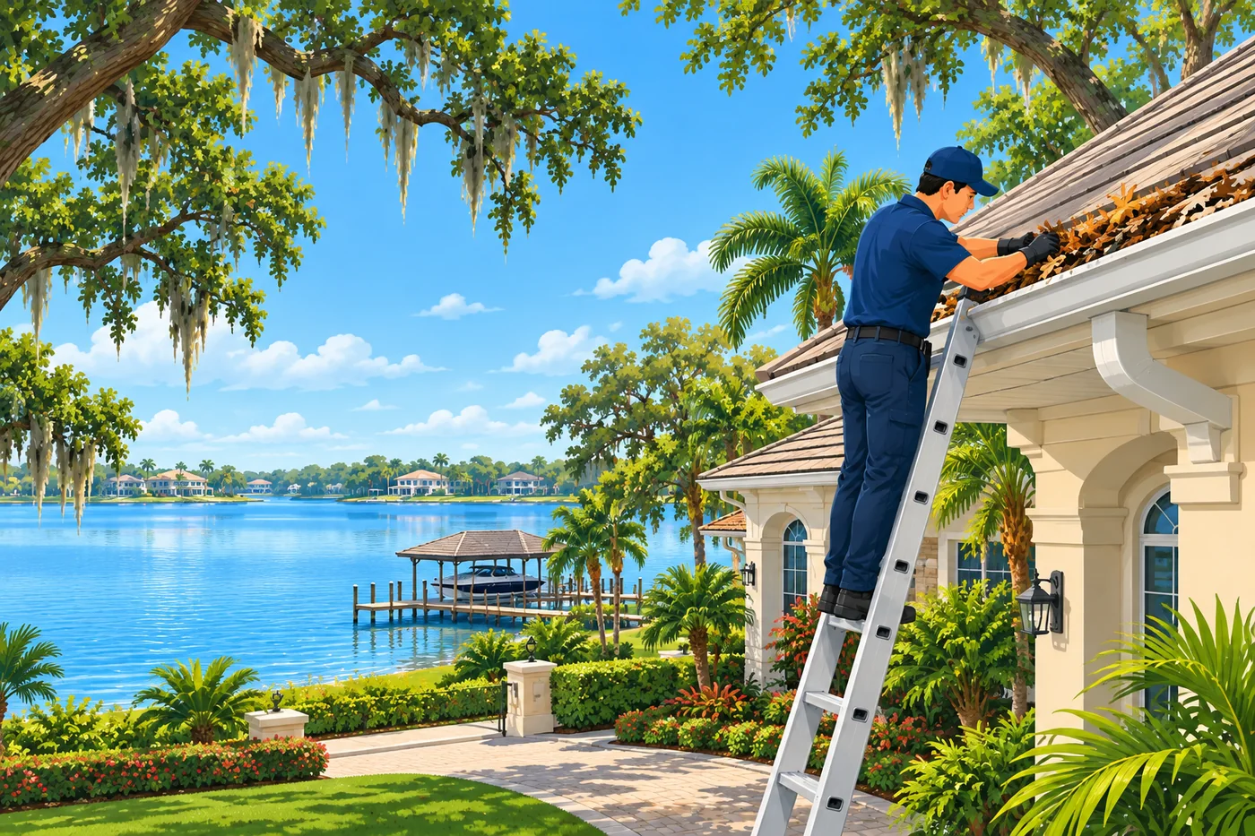 Illustration: gutter cleaning at a home in the Windermere area of Florida