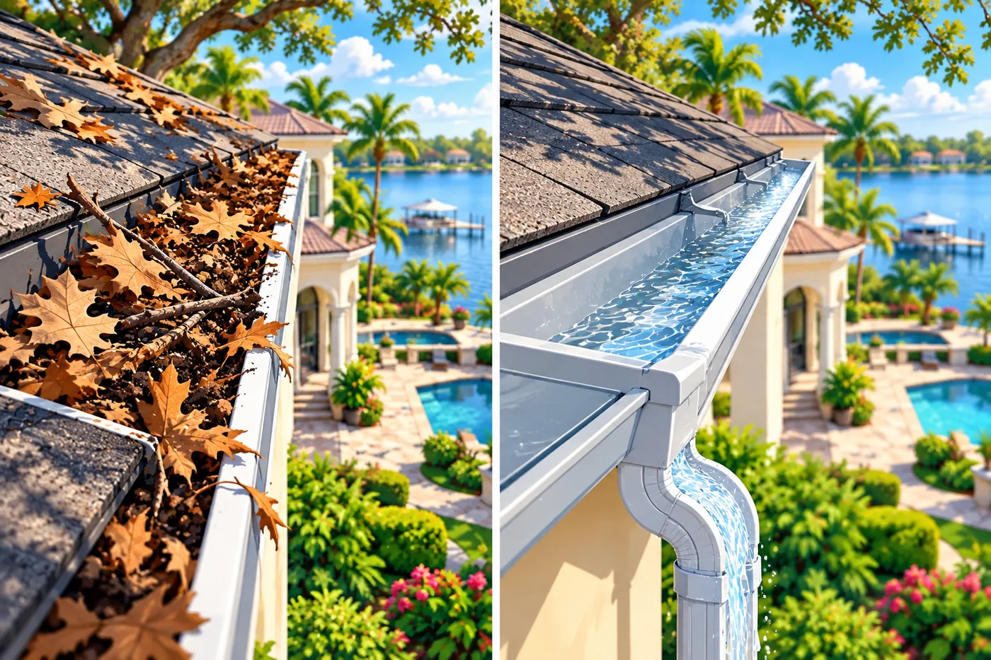 Illustration: gutter debris and cleaning at a Florida home near Windermere